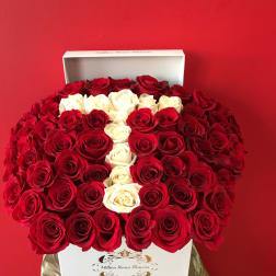 Heart-shaped box of red and white roses against a red background