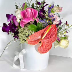 Mixed bouquet in a white hatbox with pink, purple, white, and coral blooms