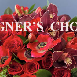 Red and burgundy bouquet with roses and orchids