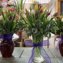 Three mixed-color tulip arrangements in glass vases with purple ribbon bows