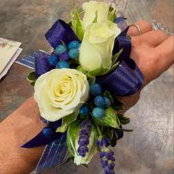WHITE ROSE WITH DARK BLUE RIBBON PROM CORSAGE