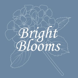 Blue graphic with outlined hydrangea flowers and the words Bright Blooms