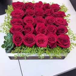 Rectangular box arrangement of red roses with green filler