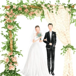 Watercolor bride and groom under a floral arch