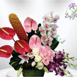 Tropical floral arrangement with red anthuriums, orchids, roses, and a pinecone ginger bloom