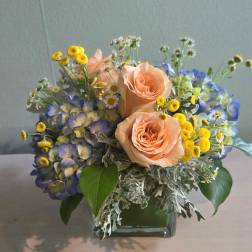 Low arrangement of peach roses, blue hydrangeas, and yellow and white daisies in a clear glass cube vase