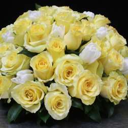 Bouquet of pale yellow roses with white tulips