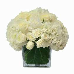 White roses and hydrangeas in a square glass vase
