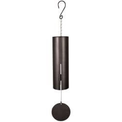 Black metal wind chime with a hanging round striker