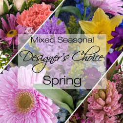 Mixed spring flowers with text reading Designer's Choice Spring