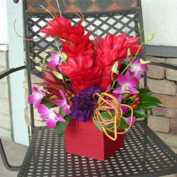 Red and pink tropical flower arrangement in a red box