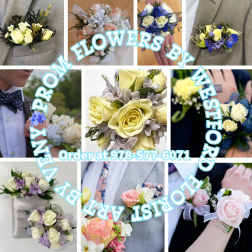 Collage of prom corsages and boutonnieres with pastel roses, ribbons, and wrist bracelets.