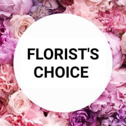 Pink and purple floral backdrop with a white circle reading Florist's Choice