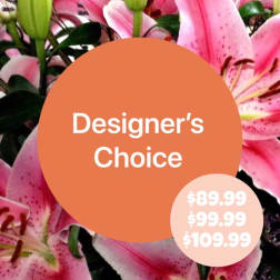 Pink lilies with a designer's choice price badge