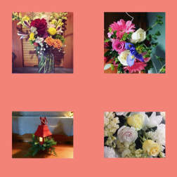 Four floral arrangements and a red lantern centerpiece on a pink background