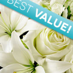 White lilies and roses with a blue "BEST VALUE!" banner