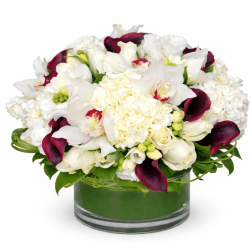 White and burgundy floral arrangement in a glass vase