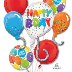 Cluster of colorful birthday balloons with "Happy Birthday" text