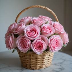 Basket of pink roses with a woven handle
