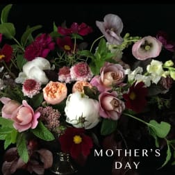 Mixed pink, white, and burgundy flowers arranged in a vase