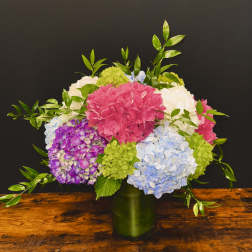 Colorful hydrangea arrangement in a green vase