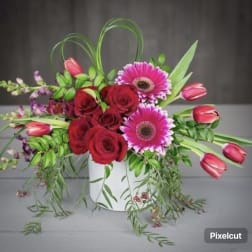 Red roses and pink gerbera daisies in a white vase with trailing greenery