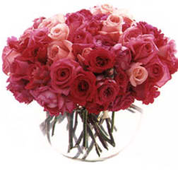 Bouquet of pink and red roses in a clear glass vase