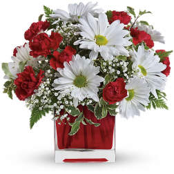 Red carnations and white daisies in a red glass vase