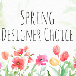 Spring Designer Choice text over watercolor tulips and flowers