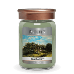 Green jar candle with copper-tone lid and a landscape label reading Sage Serenity.