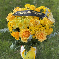 Yellow rose bouquet with mixed yellow flowers and a name banner