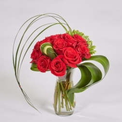 Red roses in a clear glass vase with curved green leaves