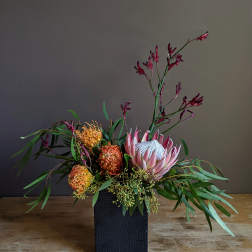 Arrangement of pink protea and orange pincushion blooms in a black vase
