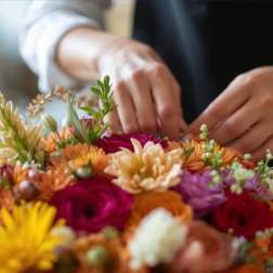 Hands arranging a colorful bouquet of mixed flowers