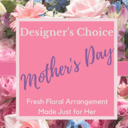 Pink graphic reading Designer's Choice Mother's Day over collage of pink and blue flowers