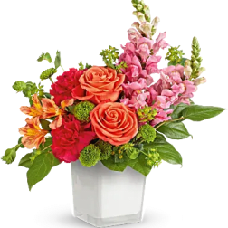 Colorful bouquet of roses and snapdragons in a white vase