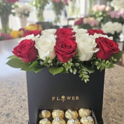 Lovely roses in Box with Chocolates (RED & WHITE)