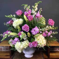 Lavendar and White Pot arrangment