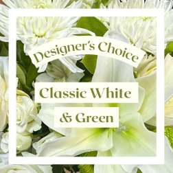 White flowers with green accents and the text "Classic White & Green"