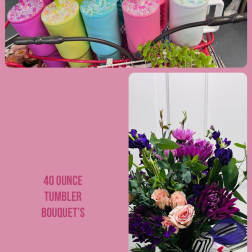 Colorful 40-ounce tumblers with lids and straws, plus a flower bouquet in a vase