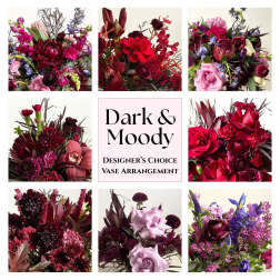 Collage of dark red, pink, and purple floral arrangements