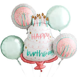 Birthday balloon bouquet with a cake-shaped centerpiece and pastel round balloons