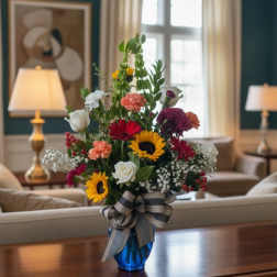 Mixed bouquet in a blue vase with a striped ribbon
