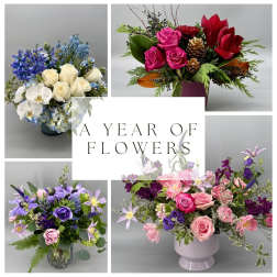 Collage of four floral arrangements in blue, pink, red, and purple tones