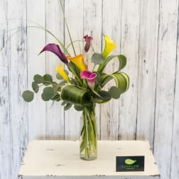 Tall bouquet of colorful calla lilies in a glass vase