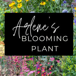 Black sign reading "Arlene's Blooming Plant" over a colorful flower garden