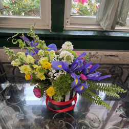 Mixed bouquet with purple irises and yellow snapdragons in a striped container