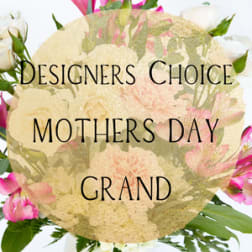 Mother's Day designer's choice bouquet with mixed pink and white flowers behind text overlay