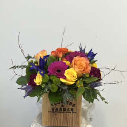 Bright mixed arrangement of yellow and orange roses, purple gerbera and blue iris in a wooden box.