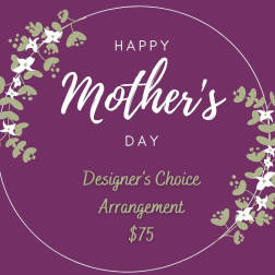 Purple Mother's Day graphic with floral wreath and designer's choice arrangement text